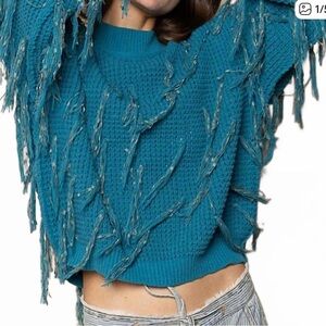 POL Turquoise Textured Fringe Sweater